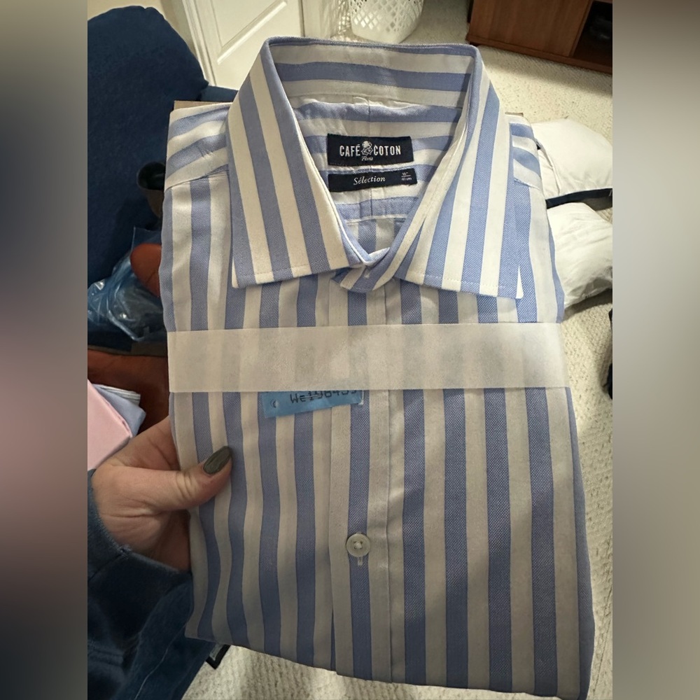 Cafe cotton blue and white striped button down shirt